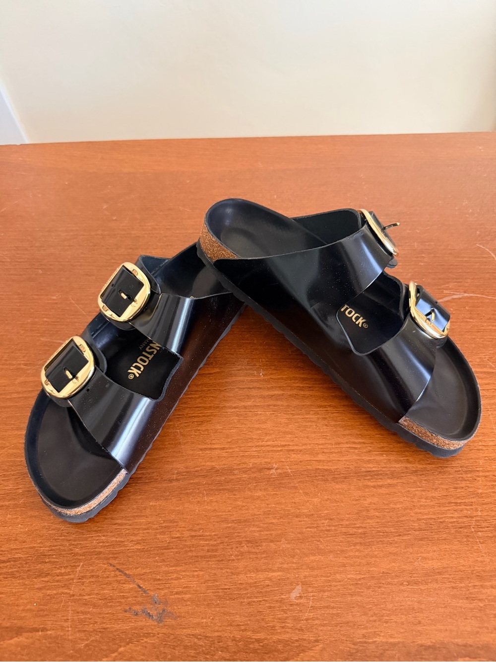 Birkenstock Black Double-Buckle Slide Sandals with Gold Buckles